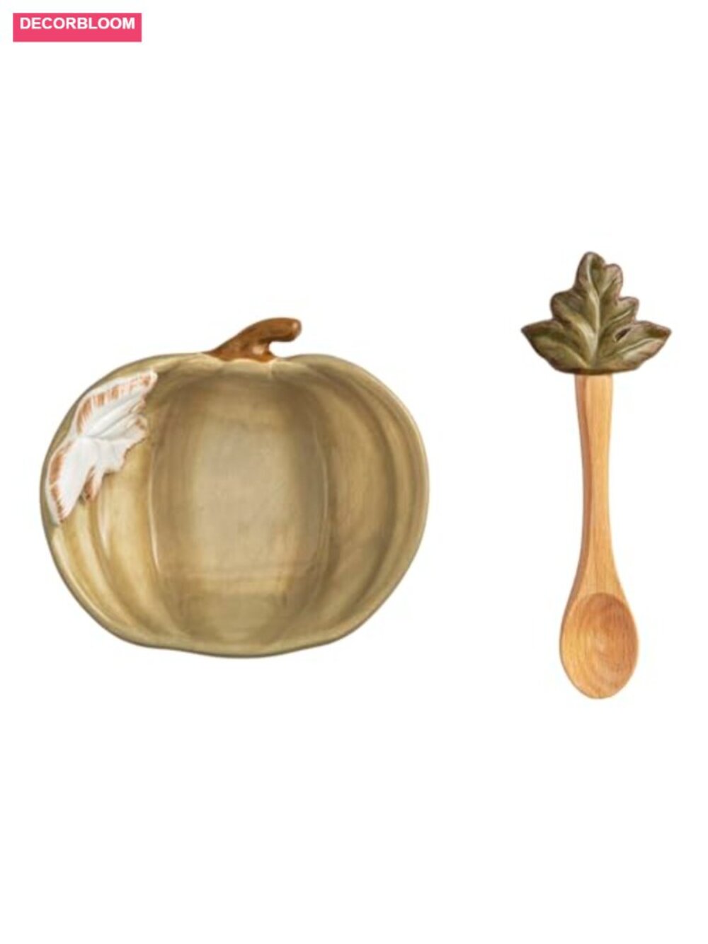 Pumpkin-Shaped Stoneware Dip Bowl Set with Mango Wood Spoon & Leaf Handle